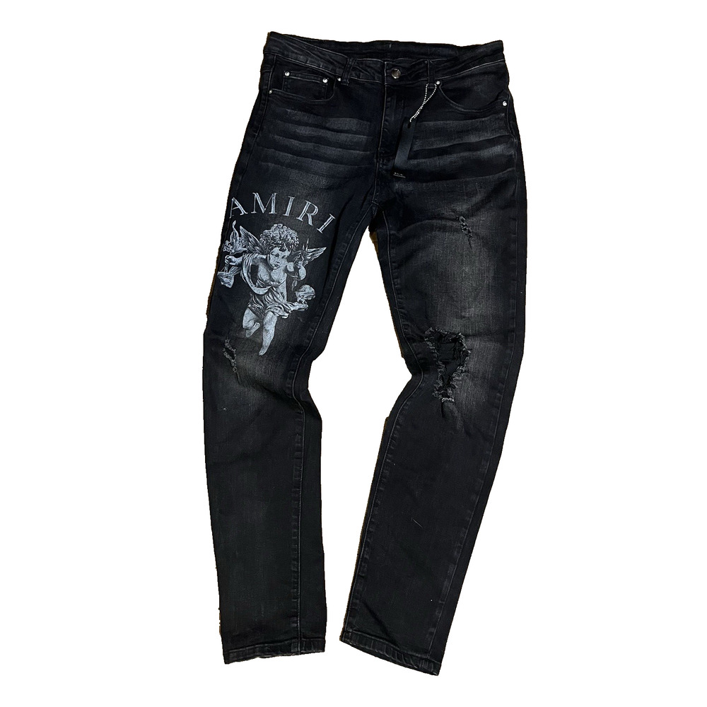 Amiri Designer Jeans Black Cherub Angel Graphic Distressed Slim Jeans Size 32